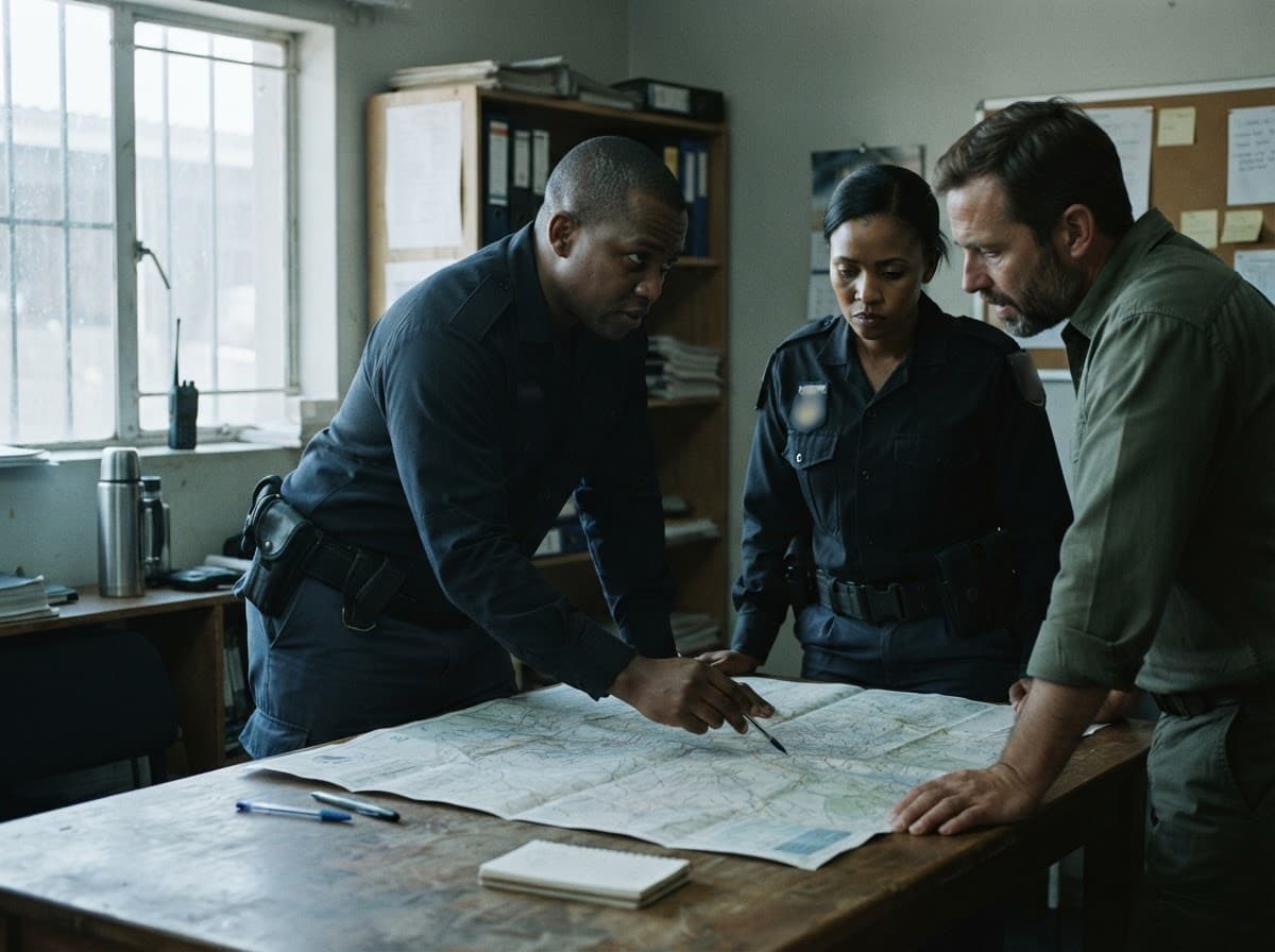 Des officiers et un coordinateur civil analysent une carte papier lors d’une recherche